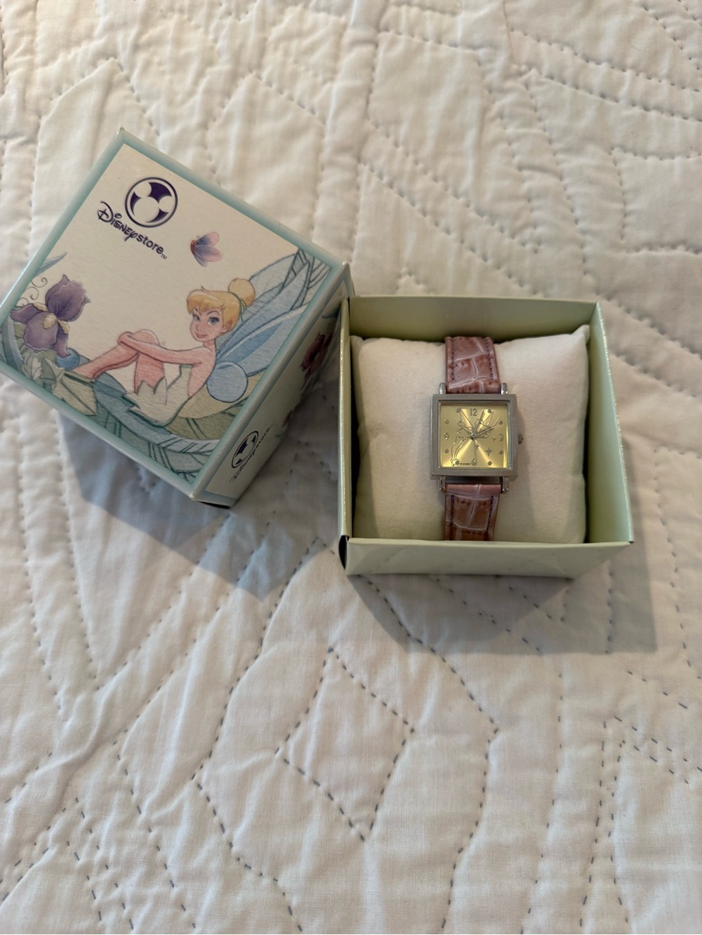 Disney Girls' Watch with Pink Strap and Gold Square Dial with Tinkerbell
